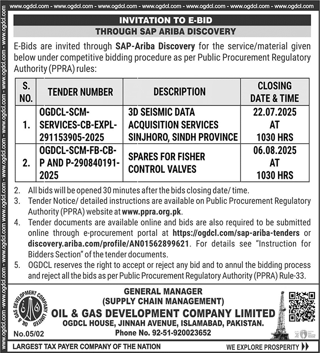 Oil & Gas Development Company Limited Islamabad Tender Notice